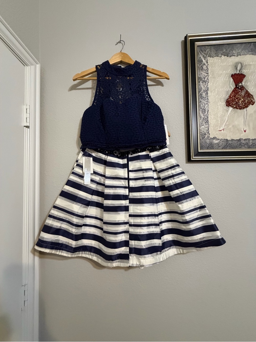 Sequin Hearts Navy Lace Top with Ivory Lining Detail